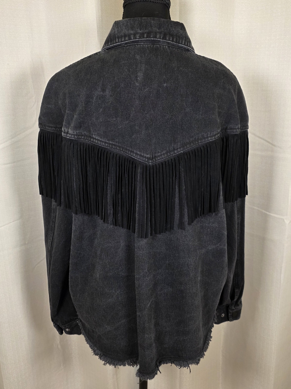 Zara Western Fringe Denim Jacket Medium Black Cowboycore Shacket - Picture 4 of 11